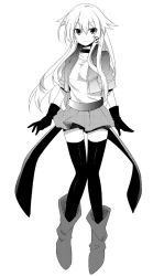 Rule 34 | 1girl, anceril sacred, bad id, bad pixiv id, gloves, greyscale, long hair, looking at viewer, mishima kurone, monochrome, original, simple background, smile, solo, thighhighs, white background