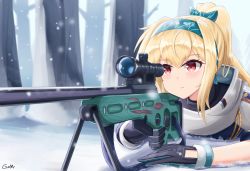 Rule 34 | 1girl, blonde hair, bolt action, bow, gamryous, girls&#039; frontline, gloves, gun, hair bow, hairband, highres, holding, jacket, long hair, ponytail, red eyes, ribbon, rifle, russian flag, scarf, sleeves rolled up, sniper rifle, solo, sv-98, sv-98 (girls&#039; frontline), sv-98 (mod3) (girls&#039; frontline), weapon, white scarf