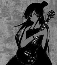 Rule 34 | 00s, 1girl, akiyama mio, bass guitar, black hair, blunt bangs, don&#039;t say &quot;lazy&quot;, electric guitar, gibson les paul, gothic lolita, greyscale, guitar, hat, hime cut, instrument, k-on!, lolita fashion, long hair, lowres, mini hat, mini top hat, monochrome, solo, suisen (pixiv217818), top hat