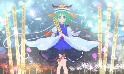 Rule 34 | 1girl, :o, arm ribbon, bad id, bad pixiv id, black skirt, blue hair, flower, forgotten artist, frills, green hair, hat, knees, light particles, long sleeves, mob cap, paddle, parted lips, puffy long sleeves, puffy sleeves, ribbon, ribbon-trimmed skirt, ribbon trim, rod of remorse, shiki eiki, skirt, solo, spider lily, standing, touhou, vest, wide sleeves