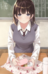 Rule 34 | 1girl, absurdres, ai ai gasa, akagikou, bento, black hair, blurry, blurry background, blurry foreground, blush, breasts, chair, chalkboard, collared shirt, commentary request, depth of field, desk, eyebrows hidden by hair, food, grey eyes, highres, indoors, long sleeves, looking at viewer, medium breasts, original, parted lips, school chair, school desk, school uniform, shirt, solo, sweater vest, thermos, upper body, white shirt
