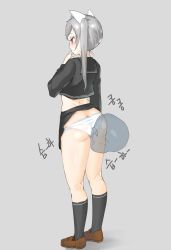 Rule 34 | 1girl, animal ears, ass, black shirt, black skirt, black socks, blush, brown footwear, butt crack, cat ears, closers, clothes lift, disembodied head, face in ass, fake animal ears, from behind, full body, grey background, grey hair, half-closed eyes, hand to own mouth, hand up, highres, kneehighs, korean text, long sleeves, moebell, panties, ponytail, red eyes, school uniform, serafuku, shirt, shoes, side ponytail, simple background, skirt, skirt lift, smelling, socks, solo, standing, text focus, tina (closers), translation request, underwear, white panties