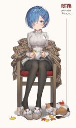 Rule 34 | 1girl, absurdres, artist name, autumn leaves, black pantyhose, blue eyes, blue hair, breasts, cat, chair, character name, commentary request, cup, dated, earrings, full body, gompang, hair ornament, hair over one eye, highres, holding, holding cup, jewelry, leaf, looking at viewer, maple leaf, pantyhose, re:zero kara hajimeru isekai seikatsu, rem (re:zero), short hair, sitting, solo, striped clothes, striped sweater, sweater, x hair ornament