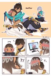 Rule 34 | !?, 1girl, 2boys, black hair, blush, closed eyes, comic, dark-skinned female, dark-skinned male, dark skin, english text, fate/prototype, fate/prototype: fragments of blue and silver, fate (series), flower, grey hair, hair flower, hair ornament, highres, hug, moses (fate), multiple boys, nefertiti (fate/prototype fragments), numbered panels, omi (tyx77pb r2), open mouth, ozymandias (fate), pink flower, sandals, short hair, smile, television, translation request, twitter username, white background
