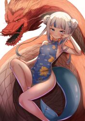 Rule 34 | 1girl, absurdres, alternate costume, blue dress, blue hair, blush, breasts, china dress, chinese clothes, chinese zodiac, double bun, dragon, dress, eastern dragon, fins, fish tail, gawr gura, grey hair, hair bun, highres, hololive, hololive english, long hair, looking at viewer, multicolored hair, shark girl, shark tail, sharkudon, sleeveless, sleeveless dress, small breasts, smile, streaked hair, tail, twintails, virtual youtuber, year of the dragon