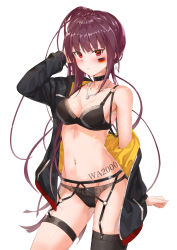 Rule 34 | 1girl, black bra, black panties, black thighhighs, blush, bra, breasts, character name, choker, contrapposto, cross, cross earrings, earrings, garter belt, garter straps, german flag, girls&#039; frontline, groin, hair ribbon, hand in own hair, heartsix, highres, jacket, jewelry, large breasts, long hair, looking at viewer, navel, necklace, o-ring, off shoulder, one side up, open clothes, open jacket, panties, purple hair, red eyes, ribbon, ring, simple background, single thighhigh, skindentation, solo, stomach, thighhighs, underwear, v-shaped eyebrows, very long hair, wa2000 (girls&#039; frontline), white background