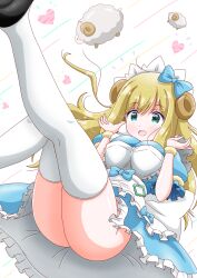 Rule 34 | 1girl, akiba maid sensou, ass, blonde hair, blush, breasts, fake horns, green eyes, heart, highres, horns, imai kazunari, kaoruko (akiba maid sensou), large breasts, long hair, looking at viewer, maid, maid headdress, no panties, open mouth, sheep, sheep horns, smile, solo, thighhighs, white thighhighs