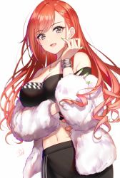 Rule 34 | 1girl, :d, arisugawa natsuha, bare shoulders, black eyes, black shirt, breasts, cleavage, coat, collarbone, crop top, earrings, fingernails, fur coat, green nails, hand up, highres, hoop earrings, idolmaster, idolmaster shiny colors, jewelry, large breasts, long hair, looking at viewer, mairo, midriff, nail polish, navel, necklace, off shoulder, open mouth, red hair, shirt, signature, simple background, smile, solo, upper body, white background