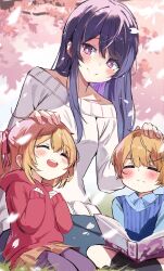 Rule 34 | 1boy, 2girls, blush, brother and sister, cherry blossoms, child, closed eyes, closed mouth, commentary, family, hand on another&#039;s head, highres, hoshino ai (oshi no ko), hoshino aquamarine, hoshino ruby, mother and daughter, mother and son, multiple girls, open mouth, orobou, oshi no ko, purple eyes, purple hair, siblings, smile, star-shaped pupils, star (symbol), symbol-only commentary, symbol-shaped pupils, twins