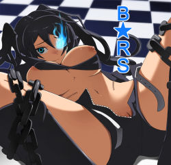 Rule 34 | 10s, 1girl, alternate breast size, bad id, bad pixiv id, bdsm, bikini, bikini top only, black hair, black rock shooter, black rock shooter (character), blue eyes, bondage, bound, breasts, chain, glowing, glowing eyes, kosame daizu, large breasts, long hair, lying, no panties, on back, open clothes, open fly, open shorts, pussy, pussy peek, scar, short shorts, shorts, solo, spread legs, stitches, swimsuit, twintails, unzipped