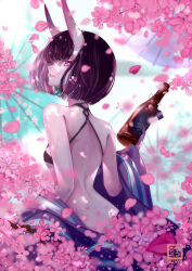 Rule 34 | 1girl, back, bare shoulders, bob cut, bottle, breasts, cherry blossoms, eyeliner, fate/grand order, fate (series), highres, horns, japanese clothes, kimono, long sleeves, looking at viewer, looking back, makeup, nekomimipunks, off shoulder, oni, petals, purple eyes, purple hair, purple kimono, revealing clothes, sake bottle, short hair, shuten douji (fate), skin-covered horns, small breasts, smile, solo, wide sleeves