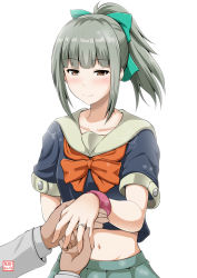Rule 34 | 10s, 1boy, 1girl, blunt bangs, blush, bow, breasts, brown eyes, collarbone, eyebrows, green hair, green skirt, hair bow, hand grab, hand on another&#039;s hand, highres, jacket, jewelry, kantai collection, long sleeves, looking at another, midriff, navel, neckerchief, outstretched hand, pink wristband, pleated skirt, ponytail, ring, sailor collar, sailor shirt, school uniform, serafuku, shirt, short hair, short sleeves, sidelocks, simple background, skirt, small breasts, smile, upper body, wedding band, white background, white jacket, wristband, yano toshinori, yuubari (kancolle)