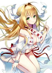 Rule 34 | 1girl, :d, ahoge, arm at side, bare shoulders, barefoot, bikini, blonde hair, braid, breasts, cleavage, closed mouth, clothing cutout, criss-cross halter, day, dress, earrings, fate/grand order, fate (series), fingernails, floating hair, french braid, gown, green eyes, groin, hair bun, hair intakes, hair ornament, halterneck, hand up, index finger raised, jewelry, knees up, large breasts, legs together, long fingernails, long hair, looking at viewer, medium breasts, navel, nero claudius (fate), nero claudius (fate) (all), nero claudius (swimsuit caster) (fate), nero claudius (swimsuit caster) (third ascension) (fate), ocean, off shoulder, open mouth, pointing, red bikini, ry thae, short sleeves, shoulder cutout, side-tie bikini bottom, sidelocks, simple background, smile, solo, strap slip, striped bikini, striped clothes, swimsuit, twintails, very long hair, white background, white bikini