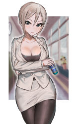 Rule 34 | absurdres, aroddst4, bad id, bad pixiv id, breasts, can, canned coffee, cleavage, crossed arms, drink can, formal, highres, idolmaster, idolmaster cinderella girls, jacket, large breasts, miniskirt, office lady, pantyhose, shiomi syuko, silver hair, skirt, skirt suit, solo, suit