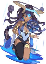 Rule 34 | 1girl, armlet, artist request, bare shoulders, black thighhighs, blue eyes, bracer, breasts, cleavage, covered navel, crossed bangs, cube, dark-skinned female, dark skin, dutch angle, earrings, female focus, floating, floating object, full body, glowing, gold, groin, hair ornament, hairband, half-closed eyes, halo, hands up, happy, highres, jewelry, kneeling, large breasts, legs together, leotard, long hair, looking down, neon trim, non-web source, official art, open mouth, ponytail, puddle, purple hair, shiny skin, simple background, single thighhigh, sitting, skindentation, smile, solo, sotieth (world flipper), stirrup legwear, thighhighs, thighlet, toeless legwear, transparent background, water, white hairband, world flipper