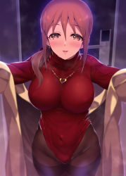 Rule 34 | 1girl, beckoning, blush, breasts, brown eyes, brown hair, brown pantyhose, coat, covered navel, cowboy shot, door, earrings, fog, glint, hair between eyes, hair over shoulder, heart pendant, heattech leotard, highleg, highleg leotard, highres, idolmaster, idolmaster cinderella girls, jewelry, large breasts, leotard, lipstick, long hair, long sleeves, looking at viewer, makeup, mifune miyu, mizuki makoto, off shoulder, open clothes, open coat, outstretched arms, pantyhose, parted lips, pink lips, ponytail, red leotard, ribbed leotard, smile, solo, thighband pantyhose, yellow coat