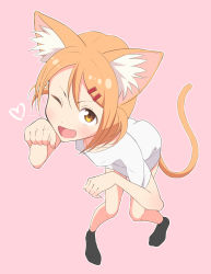 Rule 34 | 10s, 1girl, aged up, animal ears, bad id, bad pixiv id, blush, cat ears, cat tail, fang, full body, hair ornament, hairclip, haruharu55, highres, maa (nyanko days), nyanko days, one eye closed, open mouth, orange hair, paw pose, short hair, simple background, solo, tail