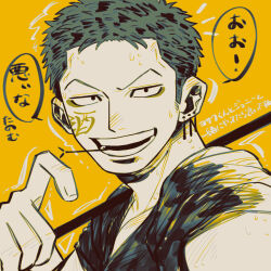 Rule 34 | 1boy, earrings, facepaint, from side, green hair, highres, jewelry, larugo0513, looking at viewer, male focus, mouth hold, one piece, pointing, pointing at viewer, roronoa zoro, shirt, short hair, short sleeves, single earring, solo, speech bubble, stalk in mouth, sweat, v-shaped eyebrows, yellow background, yellow theme
