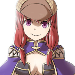 Rule 34 | 1girl, breasts, brown dress, brown hat, cape, closed mouth, commentary request, creator (ragnarok online), deerstalker, dress, hat, living clothes, long hair, looking at viewer, medium breasts, natsuya (kuttuki), purple cape, purple eyes, ragnarok online, red hair, simple background, smile, solo, strapless, strapless dress, teeth, upper body, white background