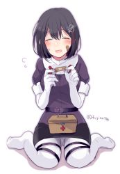 Rule 34 | 10s, 1girl, ^ ^, bandaid, black hair, blouse, breasts, closed eyes, elbow gloves, first aid kit, fuji fujino, full body, gloves, haguro (kancolle), hair ornament, kantai collection, open mouth, pantyhose, shirt, short hair, sitting, skirt, smile, solo, twitter username, white gloves, white pantyhose