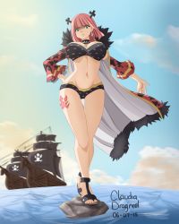 Rule 34 | 1girl, 2015, absurdres, boat, brandish mew, breasts, claudia dragneel, cleavage, curvy, dated, fairy tail, female focus, full body, gradient background, green eyes, highres, large breasts, looking at viewer, nail polish, navel, pink hair, sandals, solo, standing, tagme, thigh gap, watercraft, wide hips