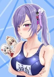 Rule 34 | 3girls, andou tazusa, armpit crease, arms under breasts, assault lily, bare arms, bare shoulders, blonde hair, blue background, blue one-piece swimsuit, blush, bow, braid, breast envy, breasts, chibi, chibi inset, cleavage, closed mouth, collarbone, crossed arms, flower, grey hair, hair bow, hair flower, hair ornament, hair ribbon, hair scrunchie, hand on another&#039;s shoulder, hand up, hands on own chest, hands up, high ponytail, jitome, large breasts, long hair, looking ahead, looking at another, low twin braids, low twintails, matsumura fuuka, multiple girls, name tag, nanatsuki (nanatuki 4), official alternate costume, official alternate hairstyle, one-piece swimsuit, open mouth, pink bow, pink eyes, ponytail, purple hair, purple ribbon, red eyes, red flower, red one-piece swimsuit, ribbon, school swimsuit, scrunchie, shaded face, shiozaki suzume, short hair, striped background, swimsuit, tassel, tassel hair ornament, tearing up, twin braids, twintails, upper body, v-shaped eyebrows, wavy eyes, white one-piece swimsuit, white scrunchie