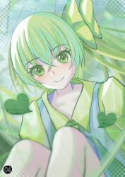Rule 34 | 1girl, absurdres, closed mouth, commentary, crossed bangs, daiyousei, green eyes, green hair, green ribbon, hair ribbon, heart, highres, looking at viewer, ribbon, side ponytail, smile, solo, tofuandsoup, touhou