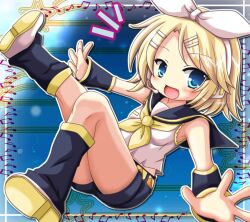 Rule 34 | 1girl, black shorts, blonde hair, blue eyes, bow, breasts, commentary request, detached sleeves, fang, fangs, full body, gtkstjoe, hair bow, happy, headphones, headset, kagamine rin, looking at viewer, sailor collar, shoes, shorts, small breasts, smile, solo, vocaloid, white bow