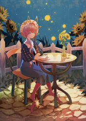Rule 34 | 1girl, absurdres, belt, black sleeves, blue eyes, blue overalls, braid, brown hair, chair, clothing cutout, crown braid, cup, expressionless, fate/grand order, fate (series), fence, field, flat chest, floral print, flower, flower field, highres, holding, holding cup, leggings, navel, navel cutout, orange headwear, overalls, puffy short sleeves, puffy sleeves, red leggings, short sleeves, side braid, sitting, solo, striped clothes, striped headwear, sunflower, sunflower field, sunflower petals, sunflower print, table, van gogh (fate), vega00211, vincent van gogh (style), zipper pull tab
