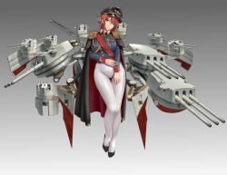 Rule 34 | 1girl, absurdres, alternate costume, azur lane, black cape, black headwear, braid, breasts, cape, commentary request, epaulettes, high heels, highres, large breasts, legs, long hair, looking at viewer, monarch (azur lane), no pants, pantyhose, red hair, red ribbon, ribbon, rigging, simple background, skin tight, solo, thighs, turret, white pantyhose, yoga (1013968)