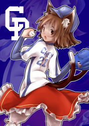 Rule 34 | 1girl, absurdres, animal ears, bad id, bad pixiv id, baseball, bloomers, brown hair, cat ears, cat girl, cat tail, chen, chunichi dragons, clothes writing, female focus, highres, kuuichi09, looking back, multiple tails, nippon professional baseball, short hair, solo, tail, touhou, underwear, zoom layer