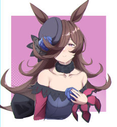 Rule 34 | 1girl, absurdres, animal ears, artist name, bare shoulders, black hat, blue flower, blue rose, brown hair, chromatic aberration, collarbone, cropped torso, crying, crying with eyes open, detached collar, dress, flower, hair over one eye, hand over heart, hat, hat flower, highres, long sleeves, looking at viewer, off-shoulder dress, off shoulder, parted lips, purple eyes, rice shower (umamusume), rose, signature, solo, streaming tears, tamago (eva1314056), tears, umamusume, upper body, white background