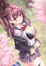 Rule 34 | 1girl, :p, bag, between breasts, black bra, black jacket, black panties, blazer, blush, bow, bowtie, bra, breasts, brown hair, cherry blossoms, cleavage, closed mouth, collared shirt, condom, day, dutch angle, eyes visible through hair, flower, grey skirt, hair between eyes, hair bow, heart, heart-shaped pupils, highres, jacket, lace, lace-trimmed bra, lace trim, large breasts, long hair, long sleeves, looking at viewer, off shoulder, open clothes, open shirt, original, outdoors, panties, panties around leg, pink flower, plaid, plaid skirt, purple eyes, red bow, red bowtie, ryo (botugo), school bag, school uniform, shirt, skirt, smile, solo, symbol-shaped pupils, tongue, tongue out, tree, two side up, unbuttoned, underwear, undressing, white shirt, wing collar