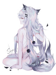 Rule 34 | 1girl, absurdres, animal ears, arknights, artist name, black flower, black nails, black rose, breasts, censored, flower, from behind, grey eyes, hair censor, hair ornament, hairclip, hand in own hair, highres, lappland (arknights), long hair, looking back, medium breasts, nail polish, censored nipples, nude, petals, profile, rose, scar, scar across eye, scar on face, sheya, signature, silver hair, simple background, sitting, solo, tail, thighs, very long hair, white background, wolf ears, wolf tail