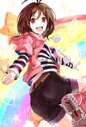 Rule 34 | 00s, 1girl, :d, ahoge, blush, boots, brown hair, happy, hidaka ai, hood, hoodie, idolmaster, idolmaster dearly stars, jacket, kotarou (rakugaki shirushi), looking at viewer, md5 mismatch, open clothes, open hoodie, open mouth, pom pom (clothes), red eyes, shirt, short hair, shorts, smile, solo, striped clothes, striped shirt, v