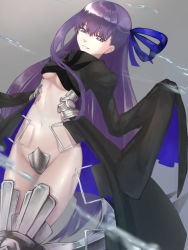 Rule 34 | 1girl, aito, armored boots, blue ribbon, boots, breasts, commentary request, crotch plate, fate/grand order, fate (series), hair ribbon, highres, long hair, looking at viewer, meltryllis (fate), navel, purple hair, ribbon, simple background, sleeves past wrists, smile, solo, underboob, very long hair