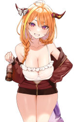 Rule 34 | 1girl, ahoge, blonde hair, blush, bottle, bow, braid, breasts, camisole, cleavage, coca-cola, dragon horns, dragon tail, highres, holding, holding bottle, hololive, horn bow, horn ornament, horns, jacket, kiryu coco, kiryu coco (loungewear), large breasts, long hair, looking at viewer, multicolored hair, off shoulder, omaru (0marufestival), orange hair, red jacket, soda, solo, streaked hair, tail, twin braids, virtual youtuber, white background, white camisole