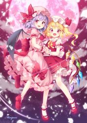 Rule 34 | 2girls, ascot, bat wings, blonde hair, bobby socks, brooch, fang, flandre scarlet, frilled skirt, frills, full body, full moon, hat, hat ribbon, holding hands, interlocked fingers, jewelry, light purple hair, looking at viewer, mimi (mimi puru), miniskirt, mob cap, moon, multiple girls, nail polish, night, open mouth, outdoors, pink hat, pink skirt, puffy short sleeves, puffy sleeves, red eyes, red footwear, red moon, red nails, red ribbon, red skirt, remilia scarlet, ribbon, shoes, short hair, short sleeves, siblings, side ponytail, sisters, skirt, skirt set, smile, socks, touhou, white hat, white legwear, wings, wrist cuffs