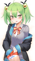 Rule 34 | 10s, 1girl, ahoge, bell, blush, breasts, chips (food), food, food on face, gj-bu, green eyes, green hair, hair bell, hair between eyes, hair ornament, hair ribbon, highres, jacket, jacket off shoulders, kannazuki tamaki, long hair, long sleeves, looking at viewer, m-da s-tarou, matching hair/eyes, off shoulder, open mouth, potato chips, ribbon, school uniform, simple background, skirt, solo, sweater, twintails, white background