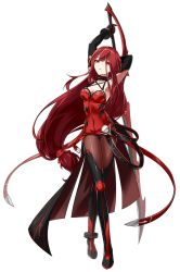 Rule 34 | 1girl, armpits, black footwear, black gloves, bodysuit, boots, breasts, choker, cleavage, crimson avenger (elsword), crossed legs, elbow gloves, elesis (elsword), elsword, expressionless, full body, gloves, holding, holding sword, holding weapon, long hair, looking at viewer, low-tied long hair, official art, pantyhose, parted bangs, red hair, ress, solo, standing, sword, thigh boots, thighhighs, transparent background, very long hair, weapon, yellow eyes