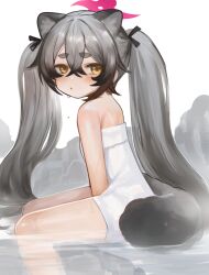 Rule 34 | 1girl, animal ears, black hair, blue archive, blush, dokomon, feet out of frame, grey hair, hair between eyes, halo, highres, long hair, looking at viewer, michiru (blue archive), multicolored hair, naked towel, onsen, parted lips, pink halo, short eyebrows, solo, streaked hair, tail, tiger ears, towel, twintails, water, white towel, yellow eyes