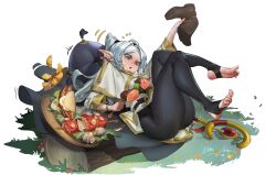 Rule 34 | 1girl, absurdres, ass, blush, boots, chestnut mouth, commentary request, dm-sheep, earrings, eyelashes, feet, food, frieren, from side, full body, green eyes, grey hair, highres, holding, holding food, holding shoe, holding skewer, jewelry, legs, legs up, log, long hair, looking at viewer, meat, mushroom, on grass, pointy ears, robe, shiny skin, signature, sitting, skewer, soles, solo, sousou no frieren, staff, stirrup legwear, thick thighs, thighs, toeless legwear, toes, twintails, white robe