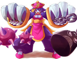 Rule 34 | 1girl, blue skin, blush stickers, breasts, capcom, chain, chinese clothes, claw (weapon), claws, cleavage, cleavage cutout, clothing cutout, colored skin, flipped hair, hat, jiangshi, kamiyama teten, knife, lei lei, long sleeves, ofuda, open mouth, puffy pants, purple hair, qingdai guanmao, red eyes, short hair, solo, spikes, vampire (game), weapon, white background, wide sleeves