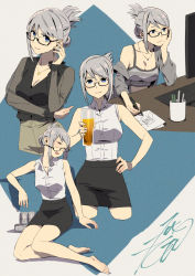 Rule 34 | bare shoulders, barefoot, beer can, beer glass, blue eyes, camisole, can, closed eyes, cup, drink can, drooling, glasses, grey hair, hair bun, hand on own hip, head on hand, highres, jewelry, kobayashi gen, looking at viewer, marker, mug, necklace, pen, school girl strikers, shirt, simple background, sitting, skirt, sleeveless, sleeveless shirt, tierra-sensei