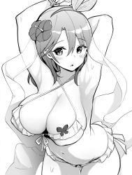 Rule 34 | 1girl, armpits, arms up, azur lane, bikini, black prince (azur lane), black prince (white princess) (azur lane), blush, breasts, cleavage, criss-cross halter, flower, frilled bikini, frills, front-tie bikini top, front-tie top, greyscale, hair flower, hair ornament, halterneck, hori (hori no su), large breasts, looking at viewer, monochrome, navel, open mouth, polka dot hairband, short hair, simple background, solo, swimsuit, white background