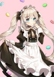 Rule 34 | 1girl, apron, ayami (annahibi), blue eyes, blush, brown shirt, clothes lift, cookie, dress, dress lift, fate/grand order, fate (series), food, frills, highres, long hair, looking at viewer, macaron, maid, maid apron, maid headdress, marie antoinette (fate), official alternate costume, pink background, plaid, plaid shirt, puffy sleeves, ribbon, shirt, signature, silver hair, simple background, smile, solo, sweets, twintails, very long hair, wrist cuffs