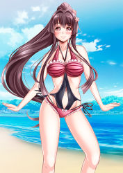 Rule 34 | 10s, 1girl, beach, breasts, brown eyes, brown hair, day, itachou, kantai collection, kantai collection (anime), large breasts, long hair, looking at viewer, outdoors, ponytail, smile, solo, swimsuit, water, yamato (kancolle)