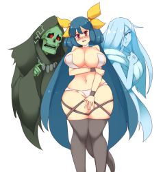 Rule 34 | 1girl, alternate breast size, angel wings, arc system works, asymmetrical wings, bare shoulders, black thighhighs, blue hair, blush, breasts, cleavage, collarbone, curvy, dizzy (guilty gear), guilty gear, hair between eyes, hair ornament, hair ribbon, hair rings, holding own arm, huge breasts, looking at viewer, mature female, mature female, monster girl, navel, necro (guilty gear), open mouth, panties, plump, red eyes, ribbon, rtil, simple background, skindentation, solo, stomach, tail, thick thighs, thigh gap, thigh strap, thighhighs, thighs, twintails, underwear, undine (guilty gear), white background, wide hips, wings, yellow ribbon