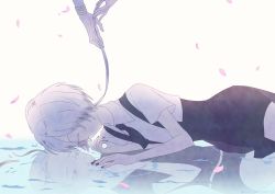 Rule 34 | 3others, androgynous, cairngorm (houseki no kuni), closed eyes, colored eyelashes, different reflection, gem uniform (houseki no kuni), ghost quartz (houseki no kuni), grey eyes, grey hair, hair over one eye, houseki no kuni, lying, lying on water, multiple others, nallck 6v6 (nothy-nn), necktie, on side, out of frame, petals, reflection, short hair, short hair with long locks, solo focus, spoilers, suspenders, tsuki jin, water, white eyes, white hair