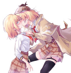 Rule 34 | absurdres, blonde hair, blue eyes, blush, detective, hair ornament, haskyyyyy1, hat, highres, holding, hololive, hololive english, kiss, long sleeves, multiple girls, necktie, plaid, plaid skirt, red neckwear, selfcest, shirt, skirt, thighhighs, virtual youtuber, watson amelia, watson amelia (1st costume), white shirt